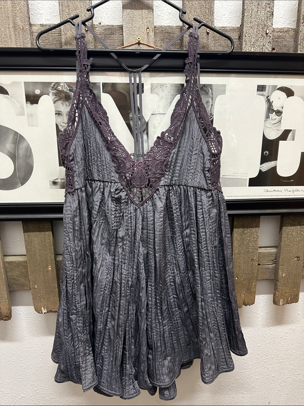 Free People Sleeveless Crinkled Lace-Trim Tank Top - Slate / dress